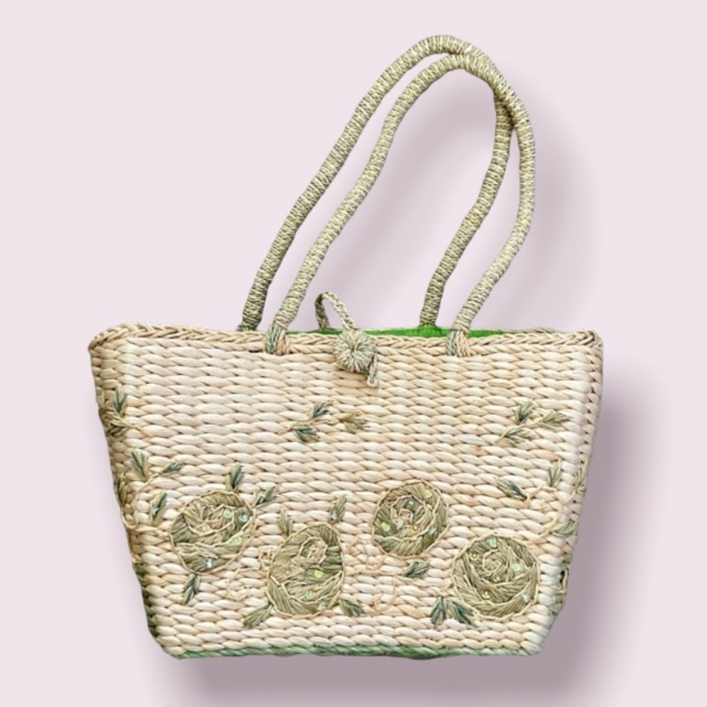 Vintage Cabana Raffia Straw Hand Bag with Green Flowers